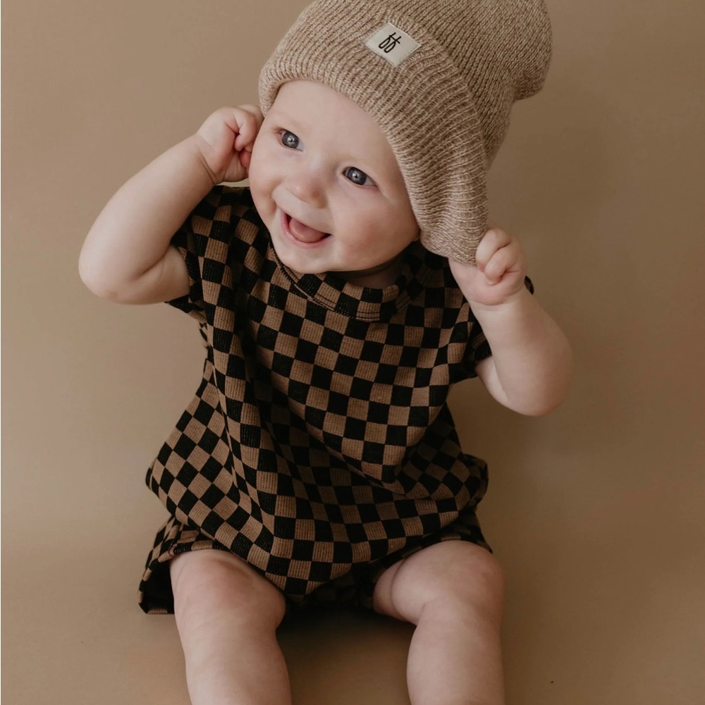 Forever French Short Sleeve Ribbed Romper | Black & Brown Checkerboard